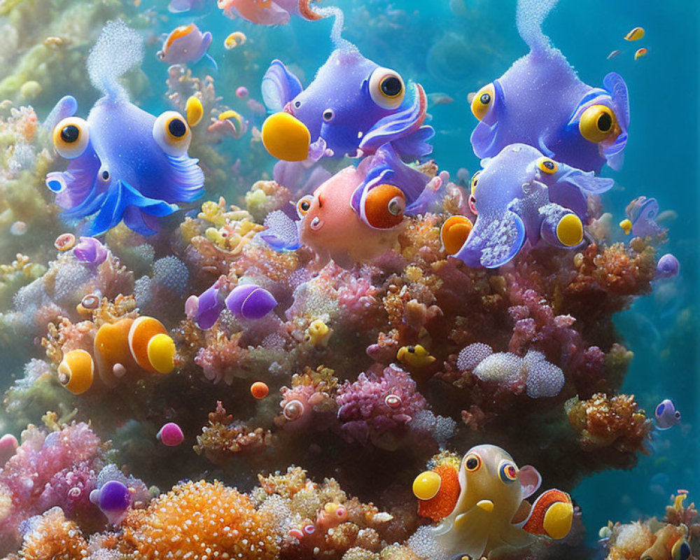 Vibrant Cartoon Fish and Coral in Colorful Underwater Scene