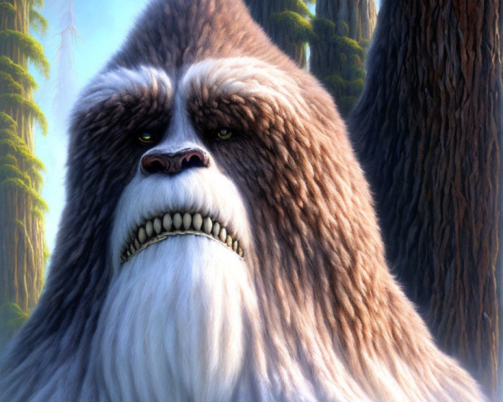 Detailed mythical yeti with thick fur in forest setting