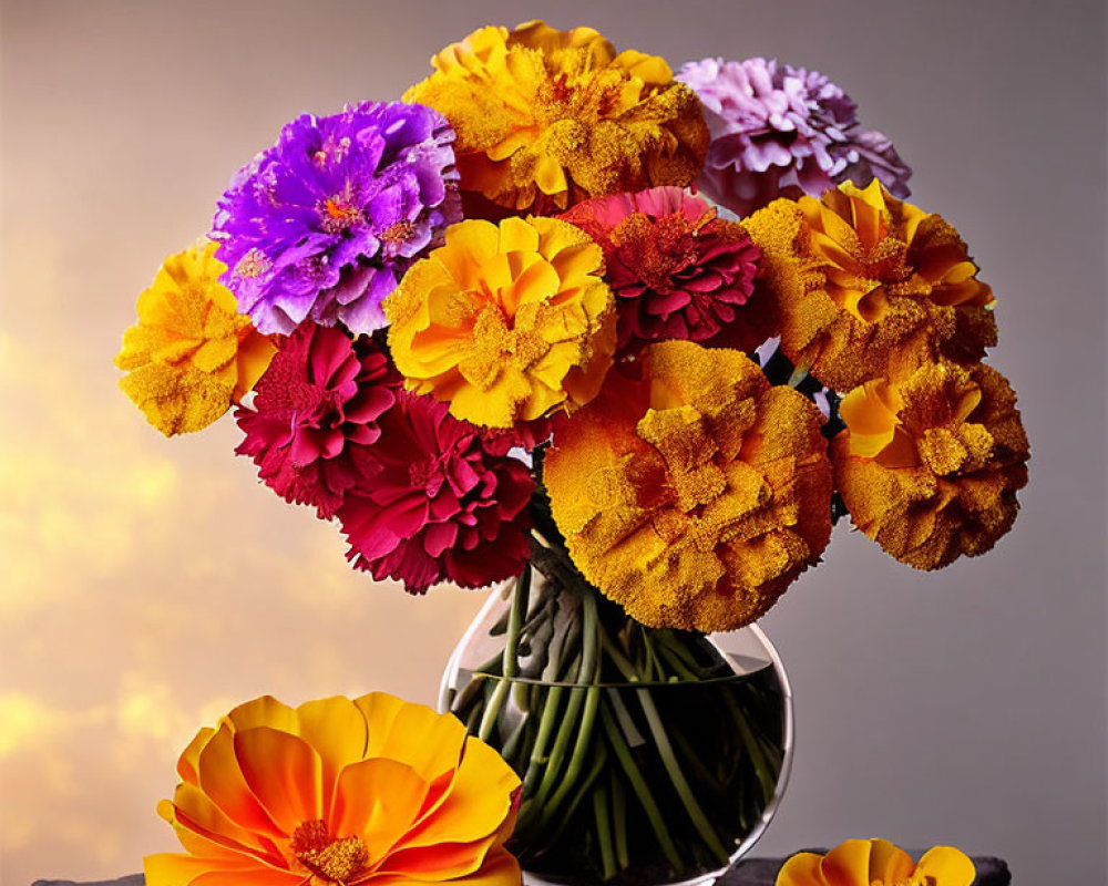 Multicolored Flower Bouquet in Glass Vase on Rock with Warm Backdrop