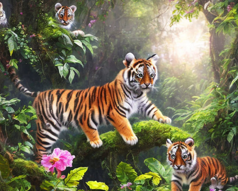 Three Tiger Cubs Playing in Lush Jungle with Pink Flower
