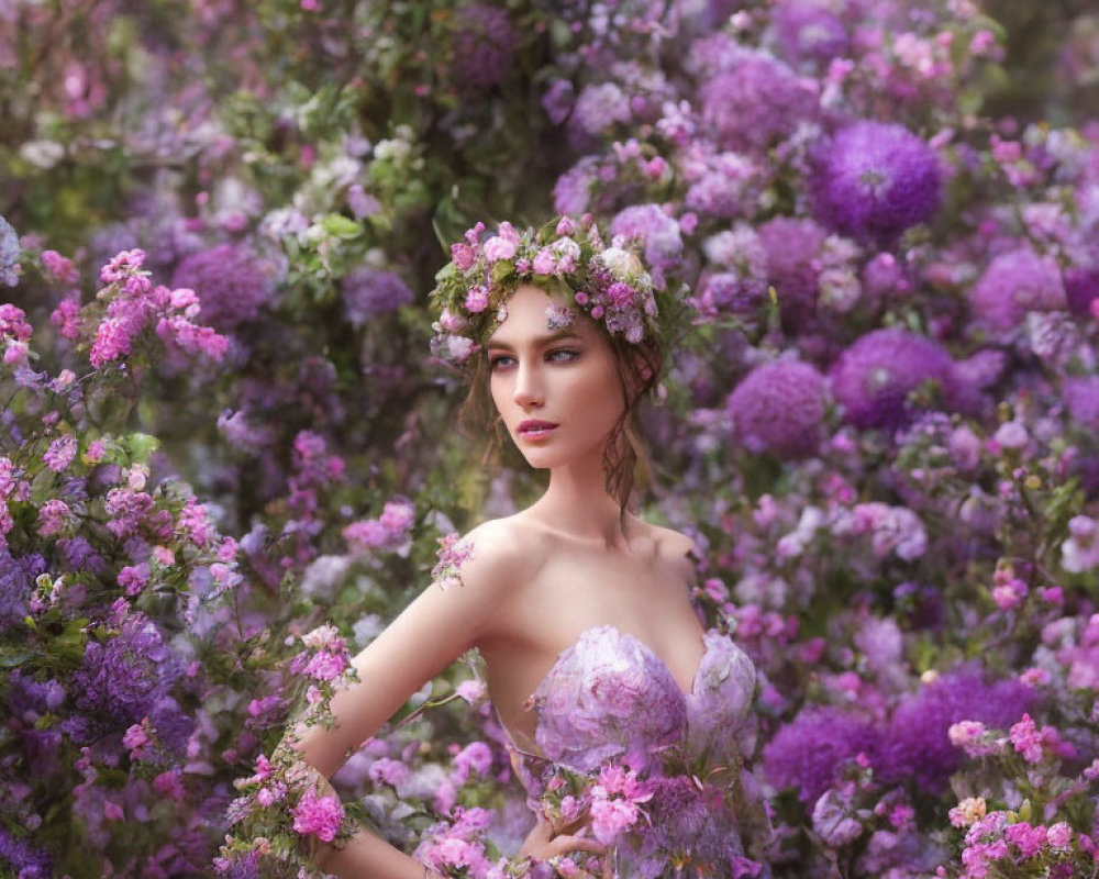 Woman in floral crown blending with blooming purple flowers