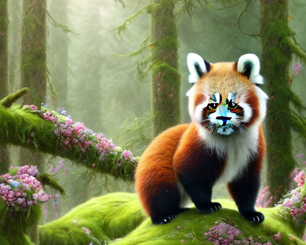 Vibrant red panda in lush misty forest with pink flowers