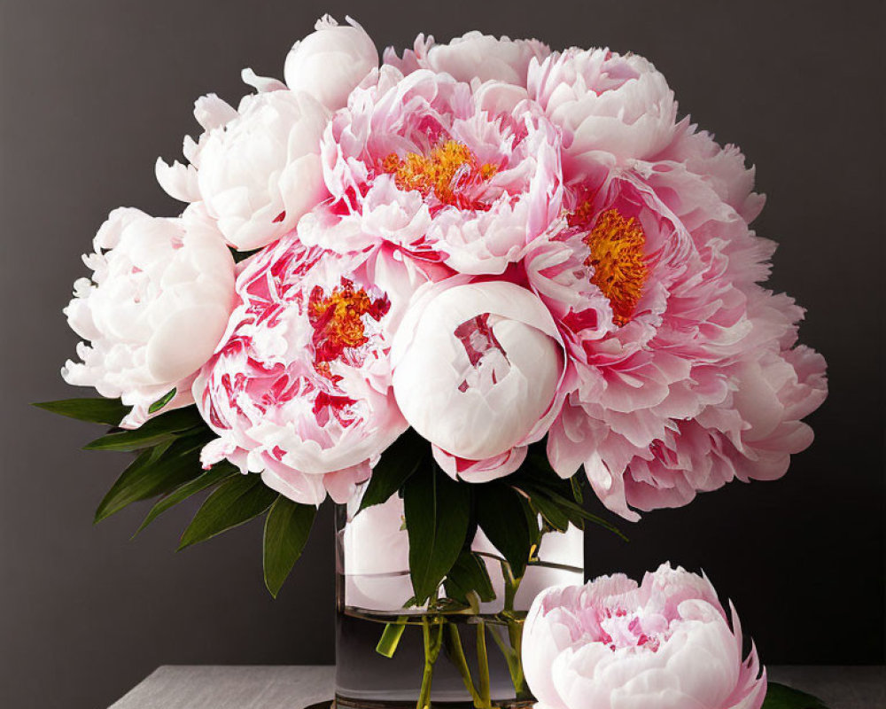 Pink and White Peonies in Dark Vase on Gray Surface