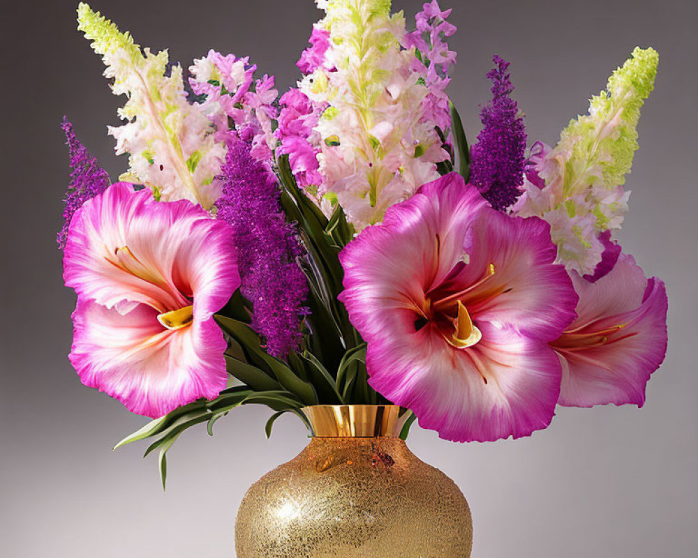 Vibrant pink gladioli and delicate purple flowers in golden vase