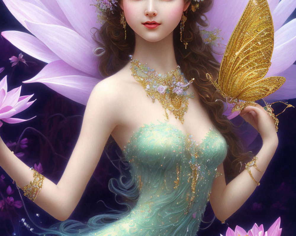 Fantastical female figure with floral crown and golden butterfly among pink lotus flowers