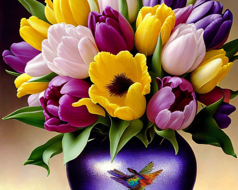 Colorful Tulips and Pansy in Purple Vase with Hummingbird Design