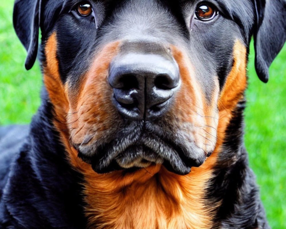 Close-Up of Glossy Black and Tan Rottweiler Dog on Green Grass