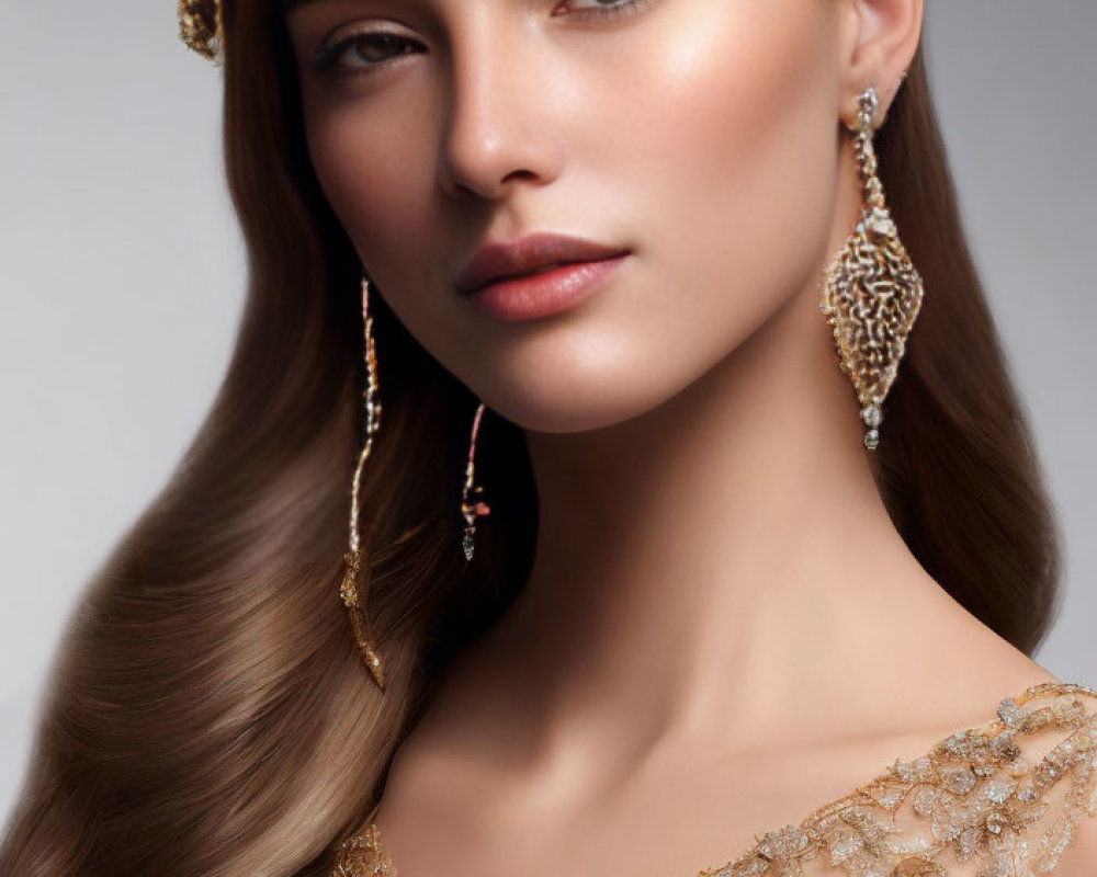 Woman with flowing brown hair and golden headpiece in dress with gold embroidery