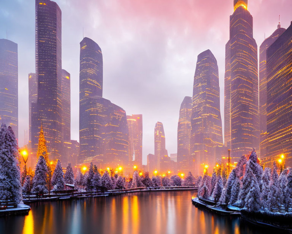 Snow-covered trees and illuminated skyscrapers in a winter cityscape at dusk