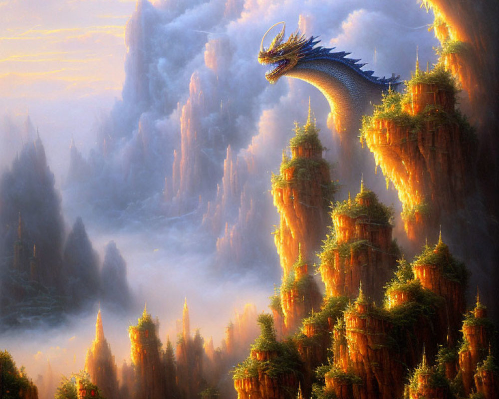 Majestic dragon on misty cliffs with lush greenery under warm light