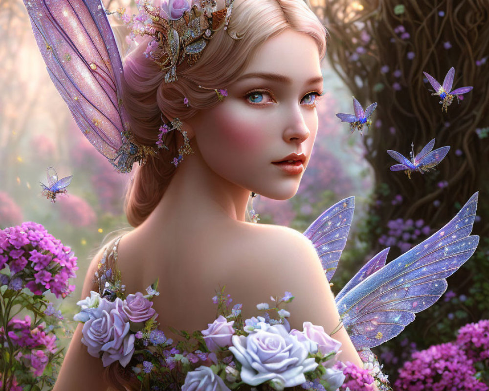 Digital artwork of fairy with iridescent wings, surrounded by purple flowers and butterflies