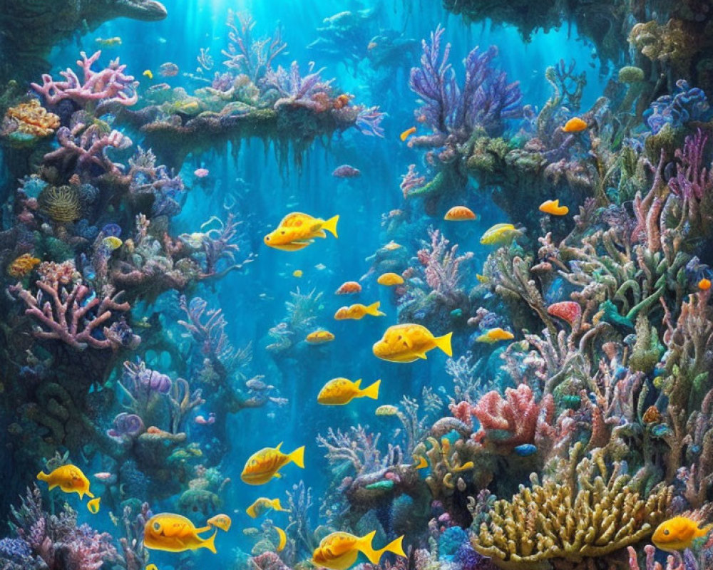Colorful Underwater Scene with Vibrant Coral Reefs and Yellow Fish