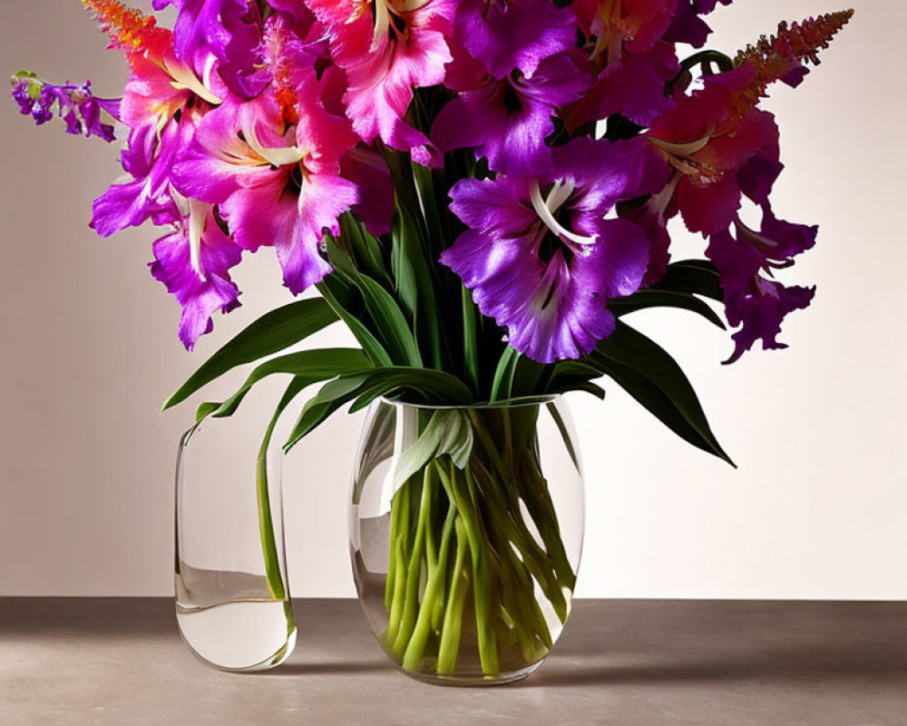 Pink and Purple Flowers in Clear Glass Vase on Stone Surface