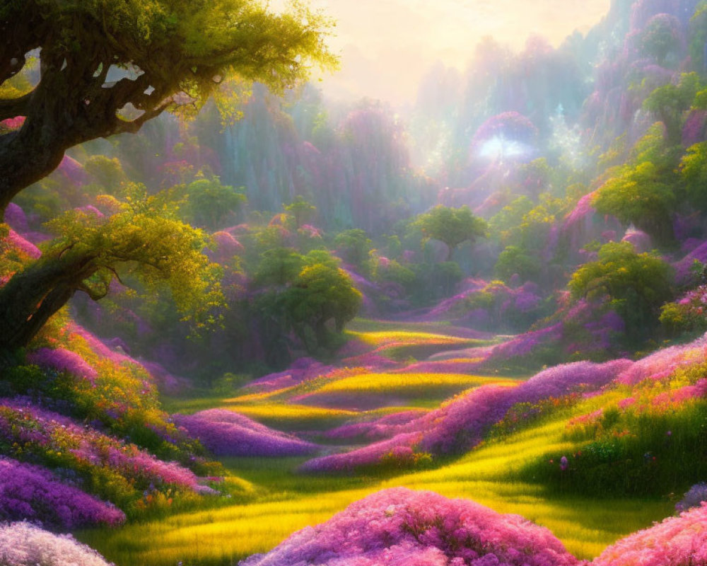 Colorful landscape with flowers, trees, and soft sunlight glow