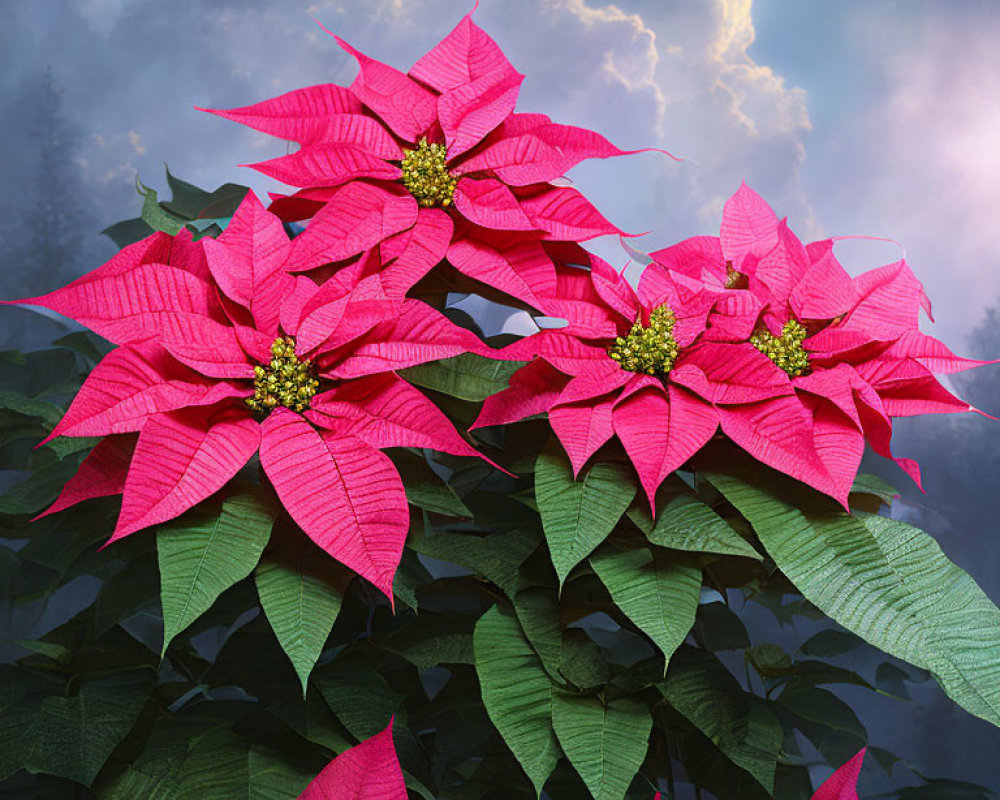 Bright pink poinsettias and green leaves on cloudy sky background