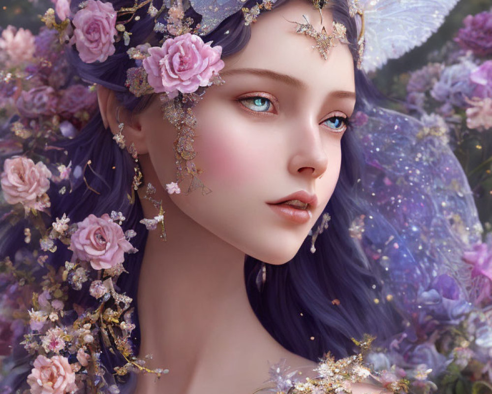 Fantasy portrait of woman with elf-like ears and floral headpiece