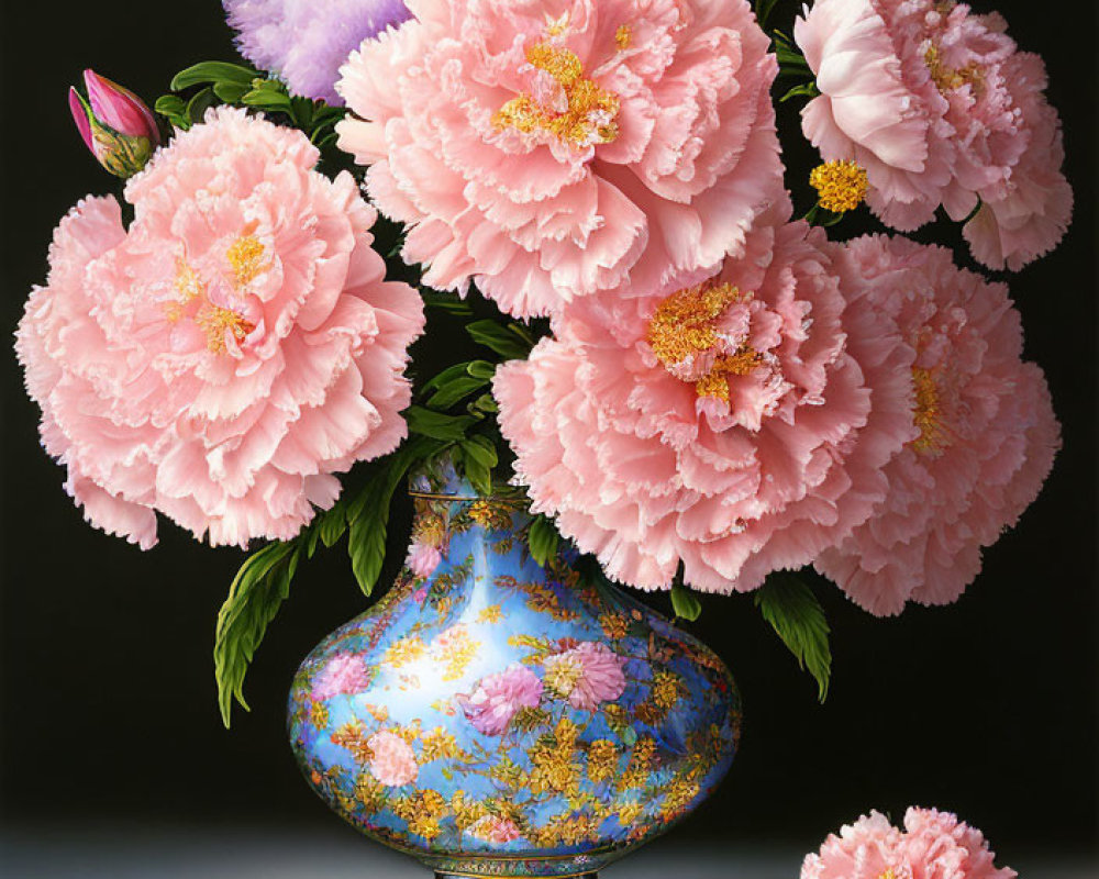 Pink peonies in blue vase with golden accents on dark backdrop