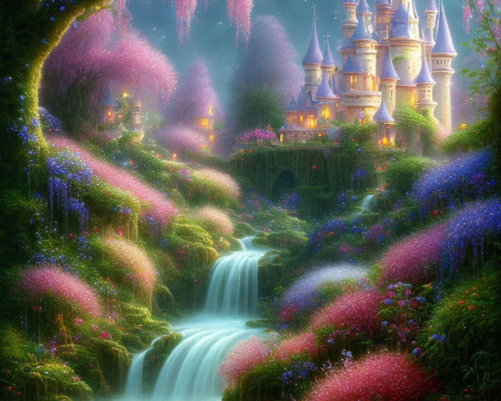 Enchanted fairytale castle in vibrant gardens with waterfalls and magical forest.