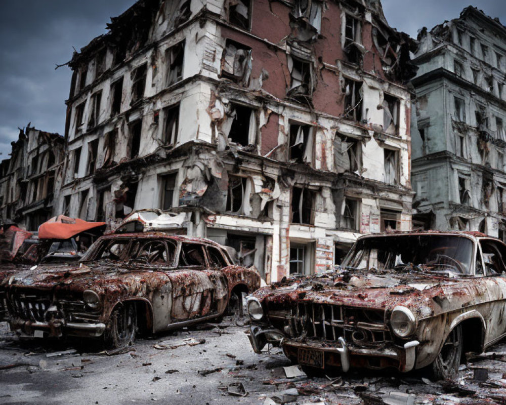 Dystopian scene with dilapidated buildings and rusted cars under cloudy sky