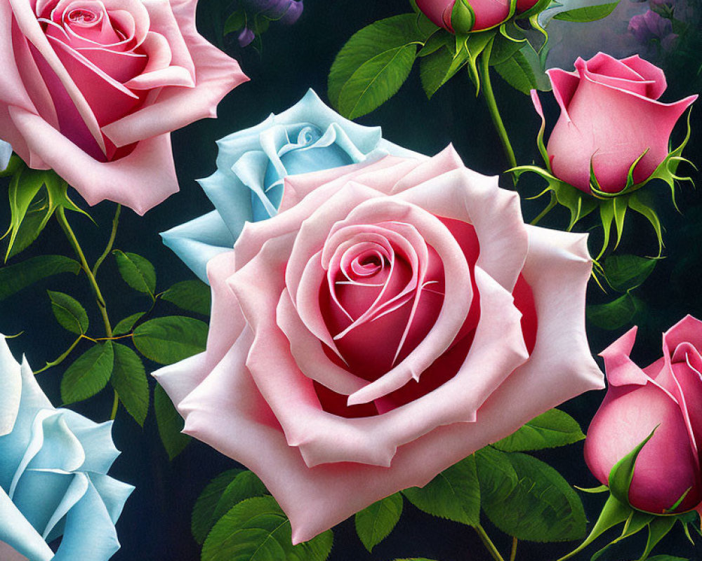 Colorful pink and blue roses on dark background with green foliage