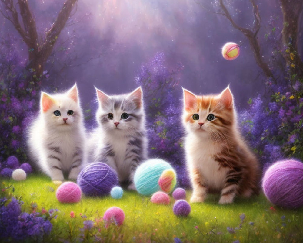 Three fluffy kittens with colorful yarn in magical forest