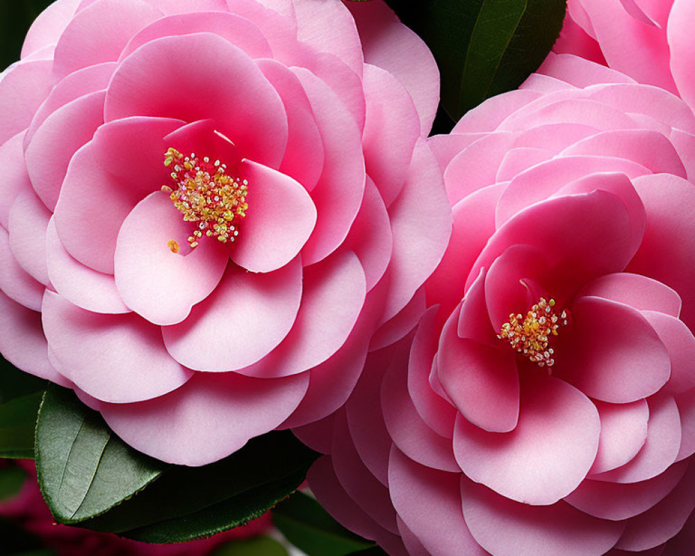 Vibrant Pink Camellia Flowers with Yellow Stamens and Dark Green Leaves