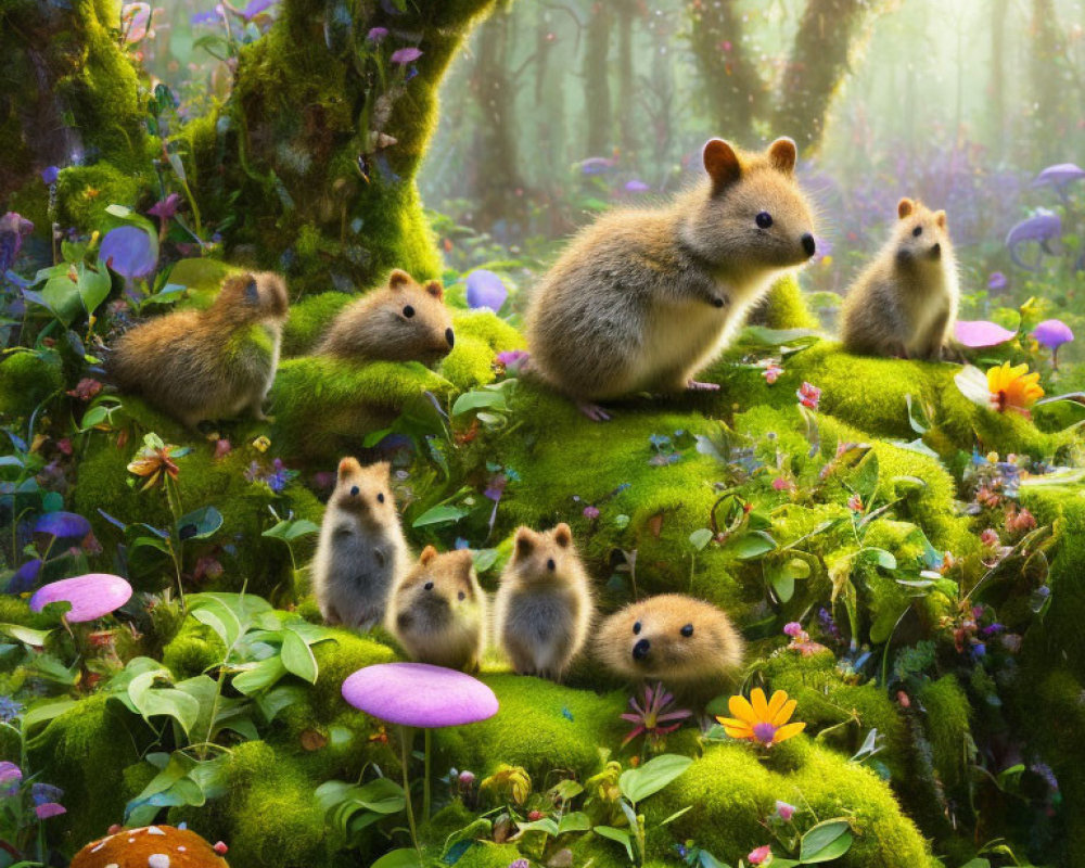 Enchanting forest with fluffy quokkas, vibrant greenery, colorful flowers