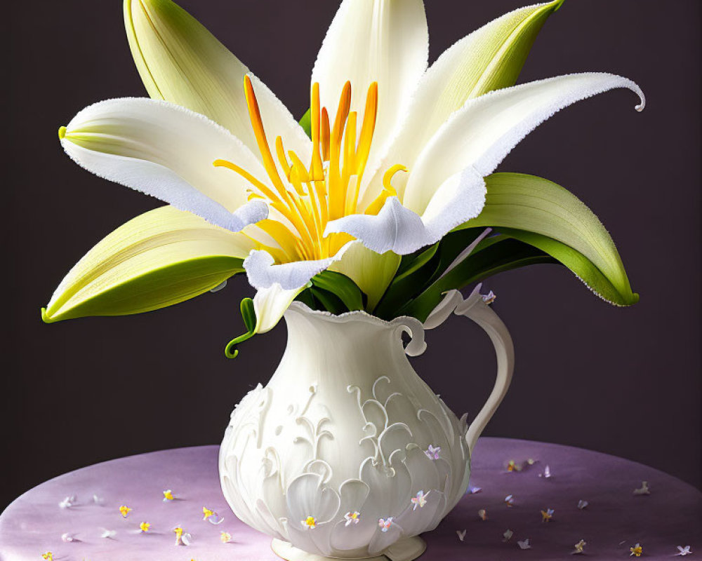 White embossed jug with white lilies on purple surface with petals