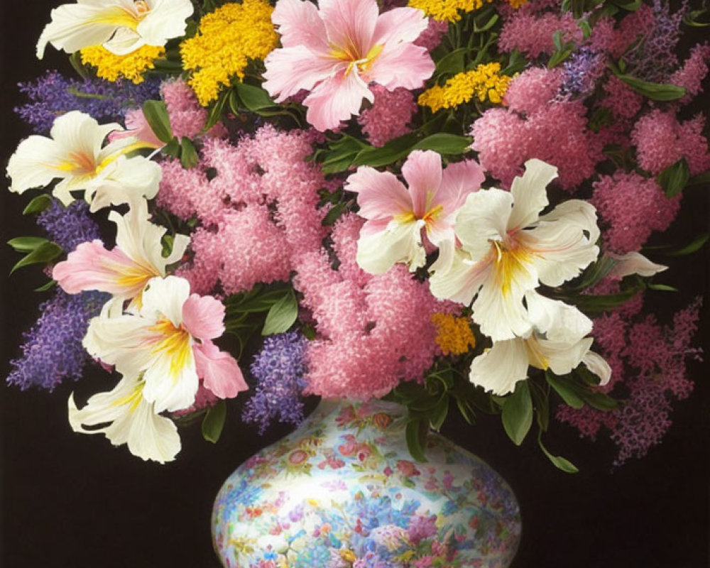 Vibrant pink, yellow, and white flowers in decorative vase on dark background