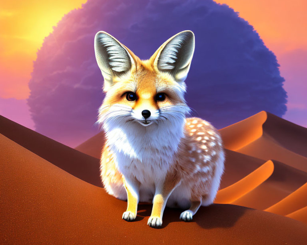 Digital rendering of fennec fox with oversized ears in desert sunset