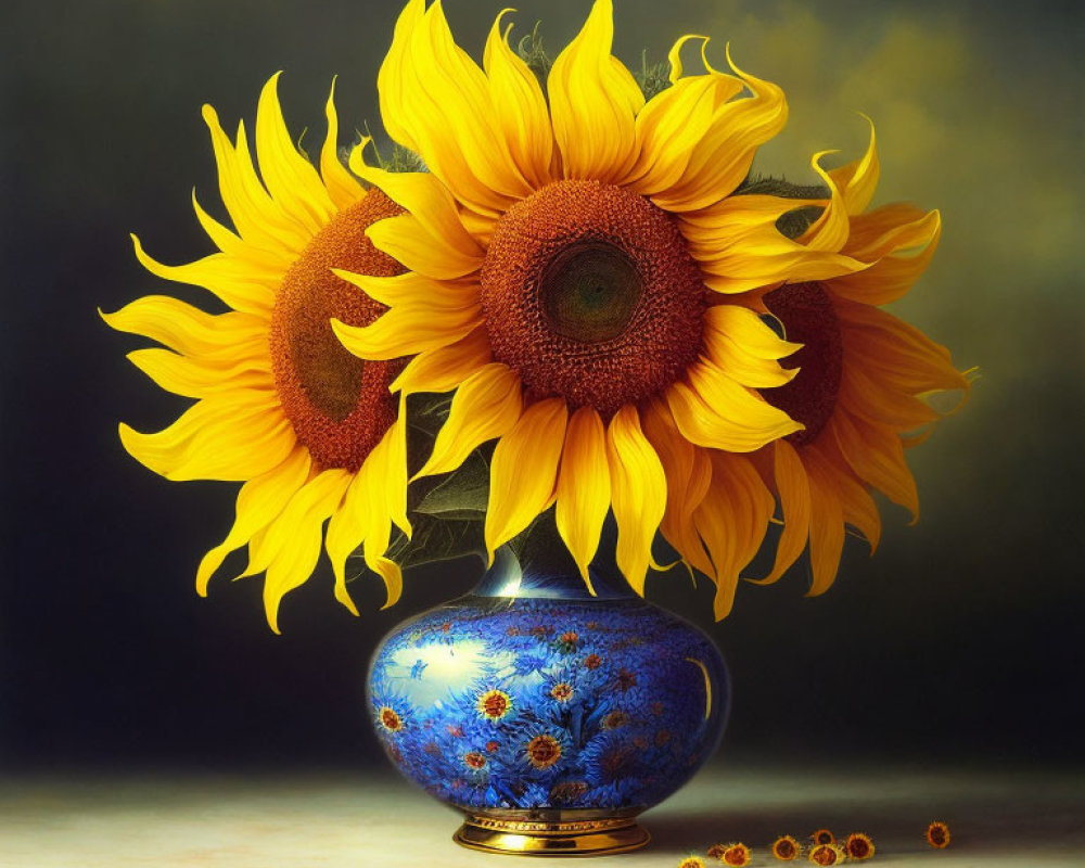 Vibrant sunflowers in blue vase on dark background with scattered seeds
