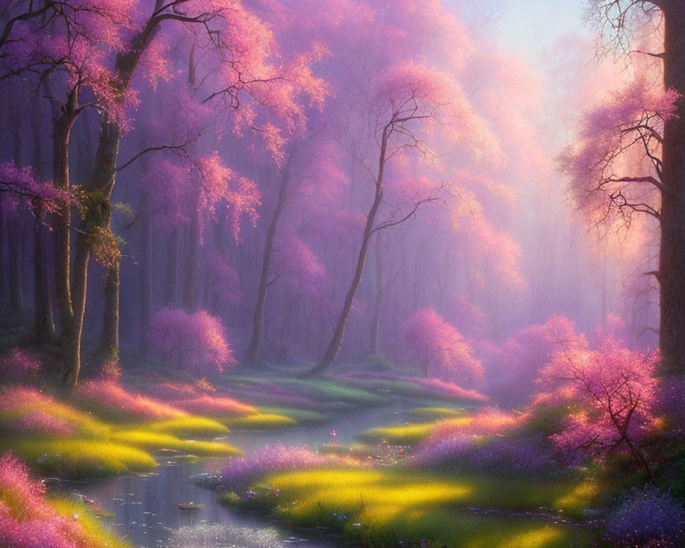 Vibrant purple trees in magical forest with winding stream