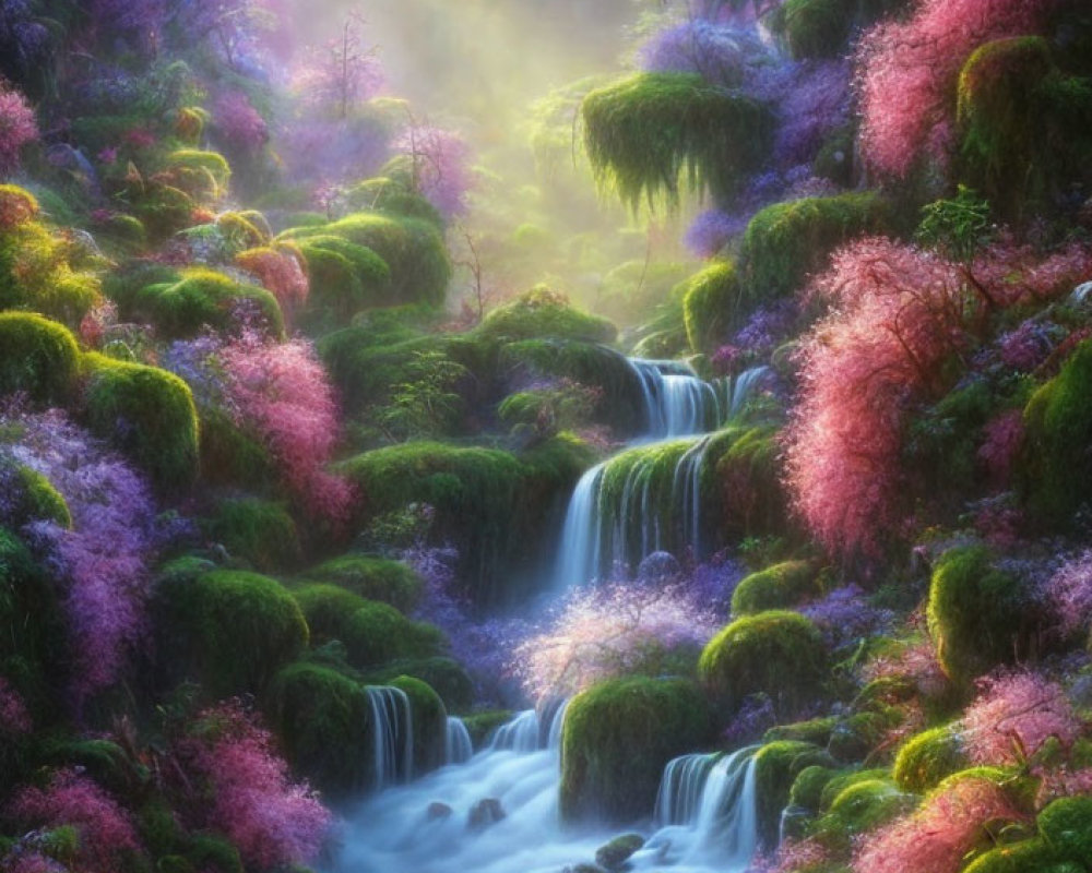 Majestic waterfall in mossy forest with pink and purple foliage