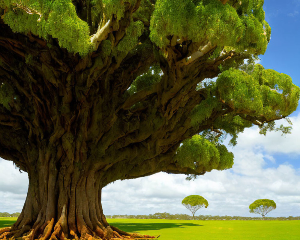 Ancient tree with broad trunk and lush green canopy in vibrant field under blue sky
