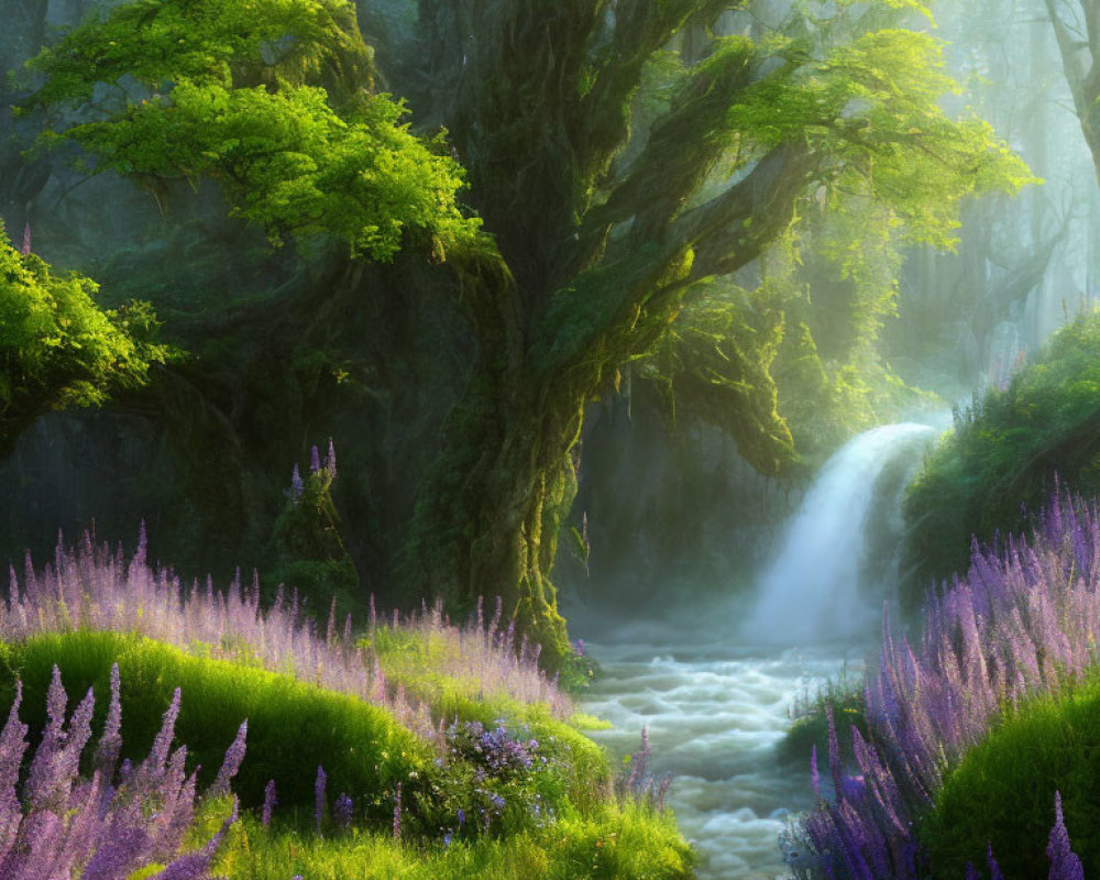 Lush forest scene with ancient tree, purple flowers, waterfall, golden light