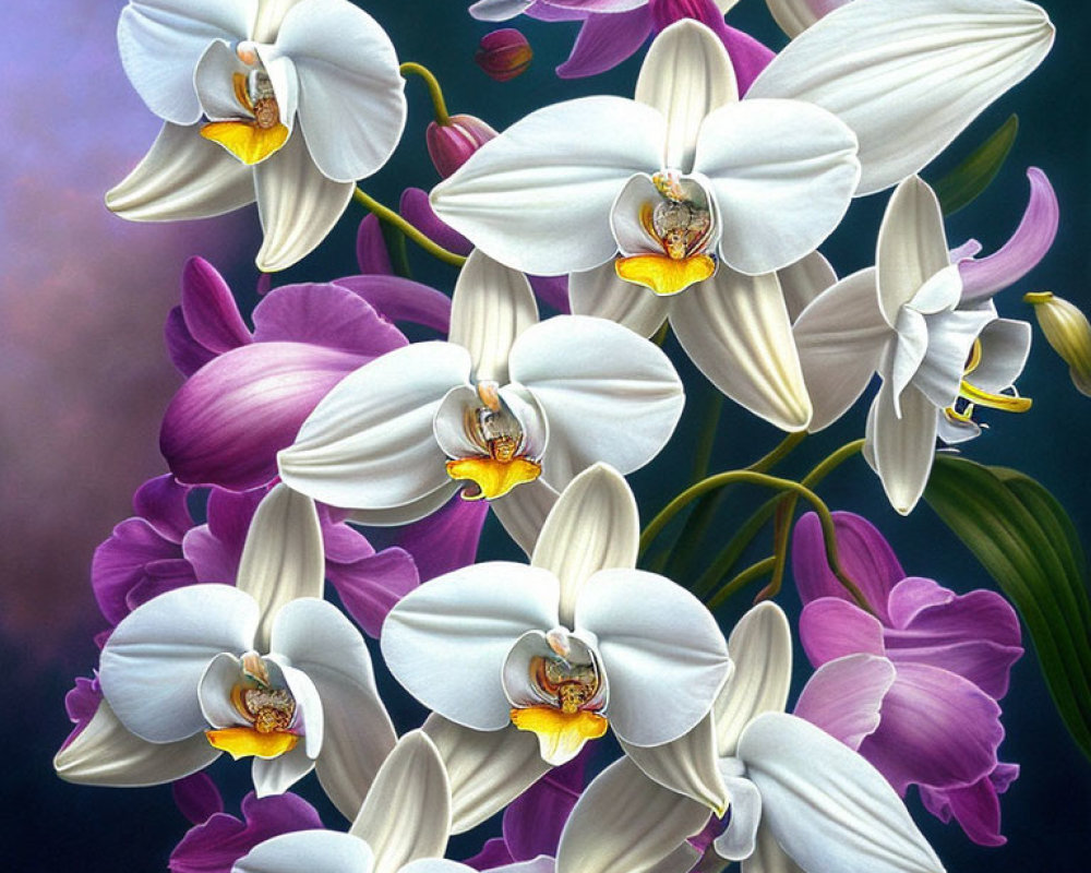 White and Purple Orchids with Yellow Centers on Soft Background