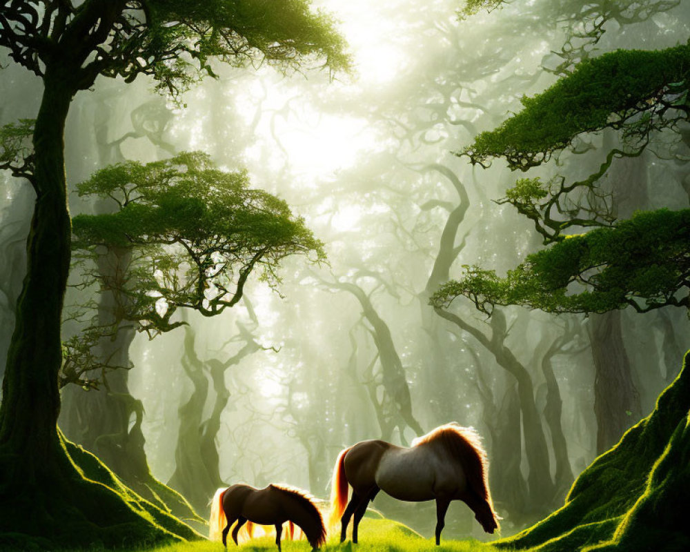 Sunlit forest scene with grazing horses and ancient trees