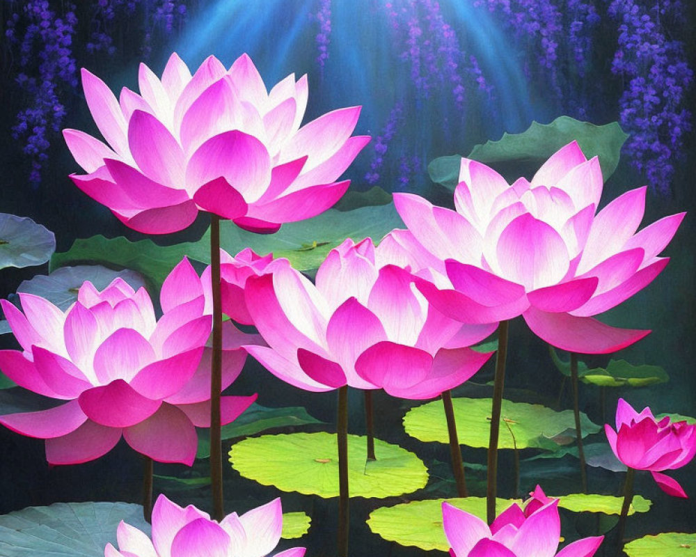 Pink Lotus Flowers with Green Leaves on Dark Background and Sunlight Filtering Through