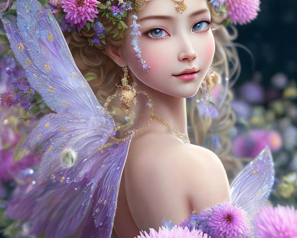 Digital illustration: Fairy with purple wings, flowers, and gold jewelry in pink blossom setting
