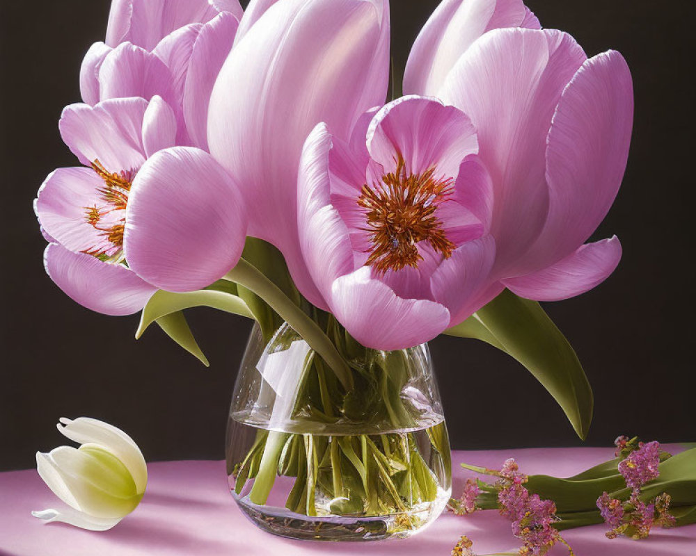 Pink tulips bouquet in clear glass vase on purple backdrop with fallen petal.
