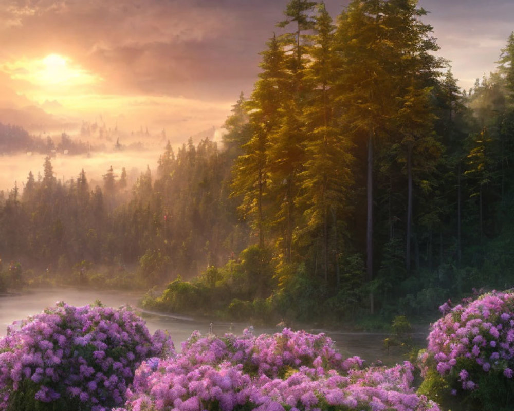 Tranquil sunrise landscape with pink flowers, foggy forest, and sunbeams