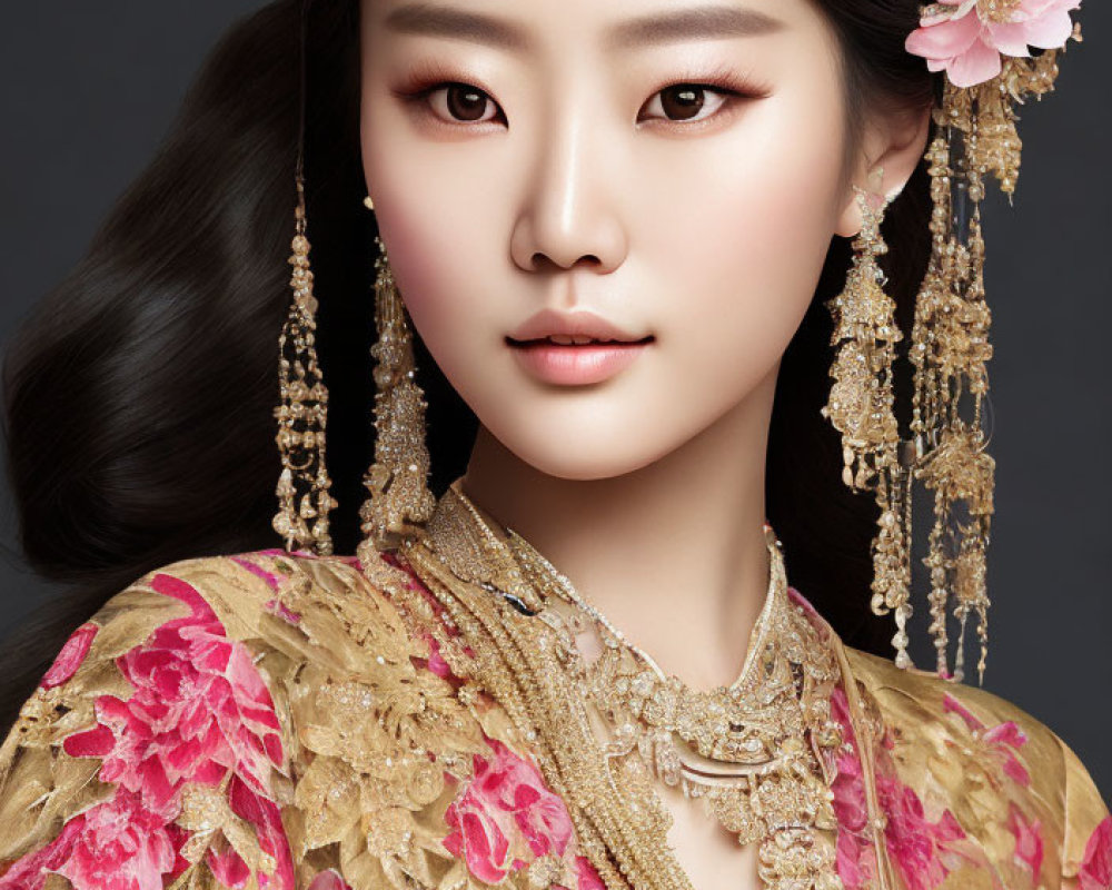 Traditional attire woman with gold and pink floral patterns and intricate jewelry