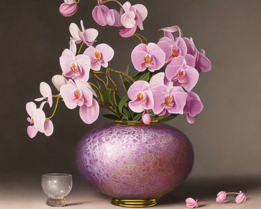 Vibrant pink orchids in textured purple vase with scattered petals