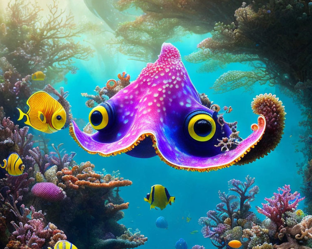 Colorful Underwater Scene with Oversized Purple Octopus & Tropical Fish