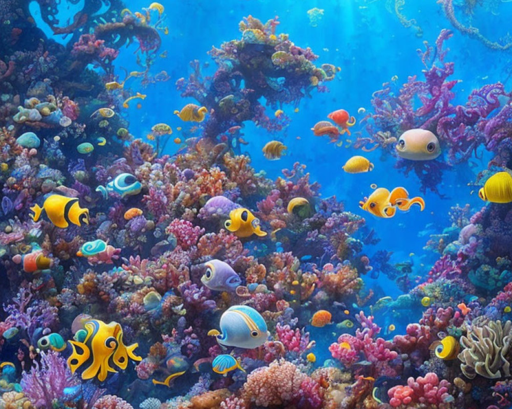 Vibrant Tropical Fish and Coral Reef in Colorful Underwater Scene