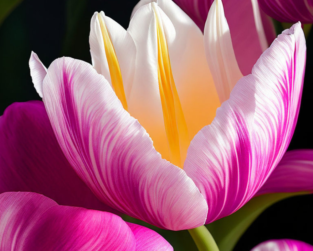 Pink and White Tulip Close-Up on Dark Background
