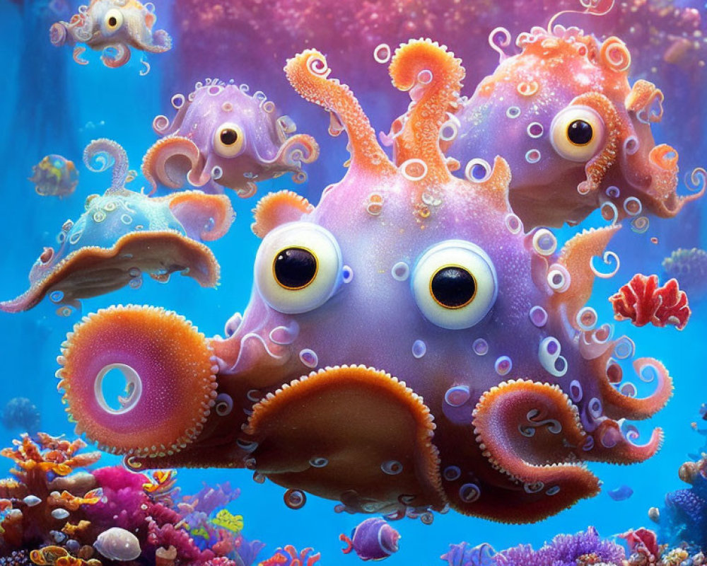 Colorful Cartoonish Octopuses Among Vibrant Coral Reefs