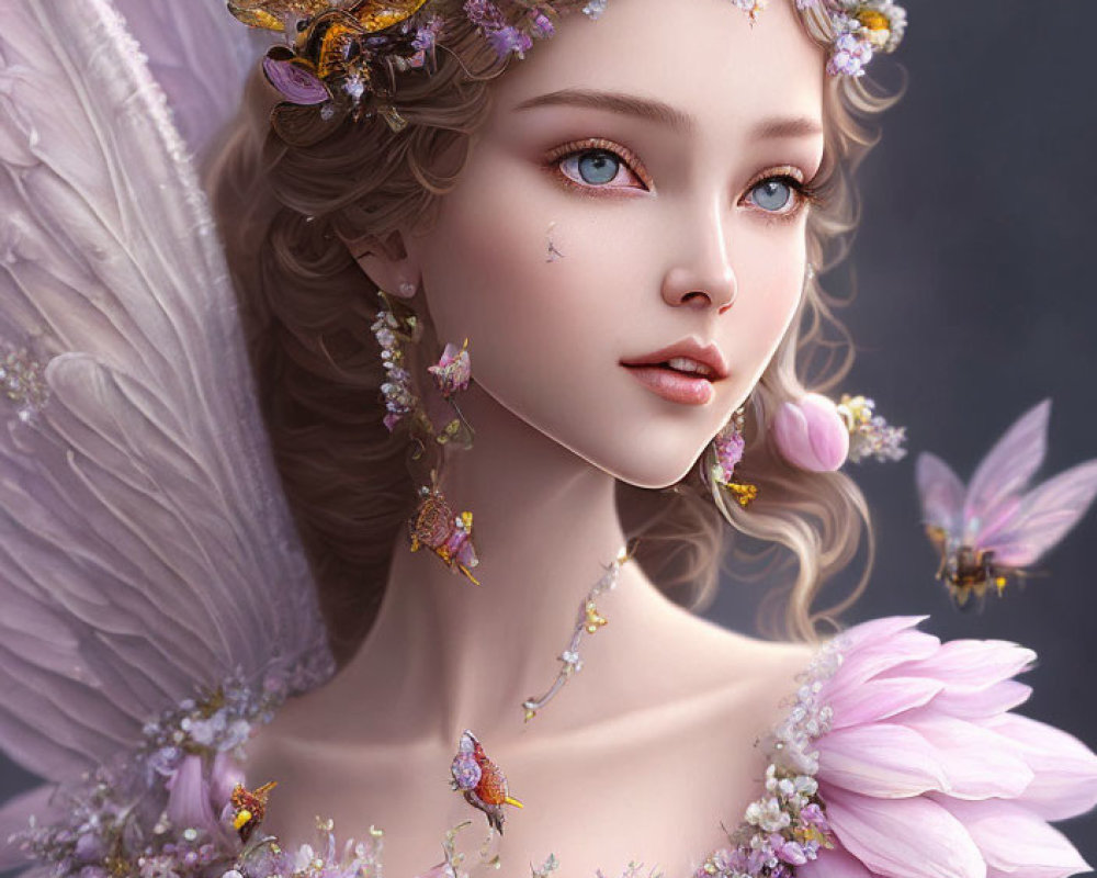 Digital artwork: Female with angelic wings, flower crown, butterflies.