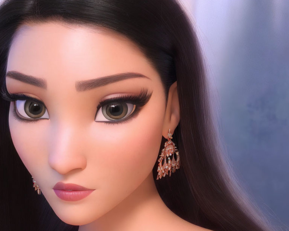Detailed Close-Up of 3D Animated Female Character's Expressive Eyes and Earrings