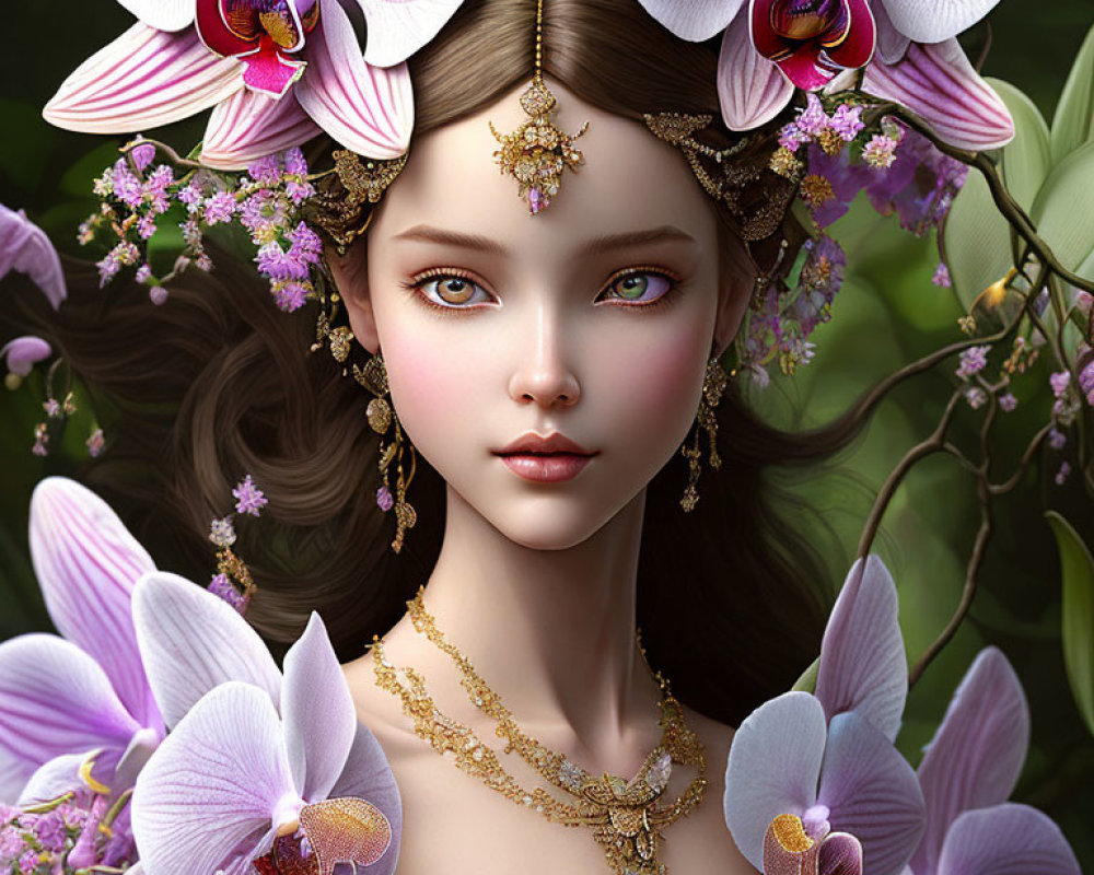 Digital artwork: Female figure with delicate features, orchids, jewels, and floral headdress on green